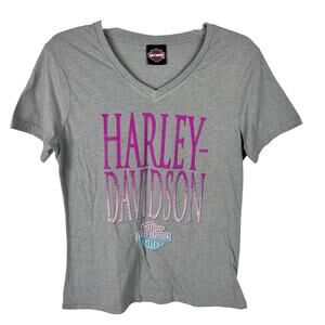 Harley Davidson V Neck Gray Bedazzled Biker Graphic Short Sleeve Tshirt XL